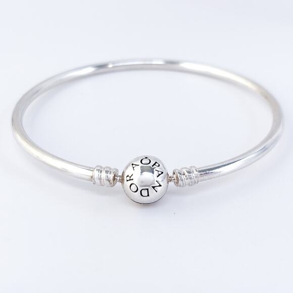 Vintage Pandora Sterling Silver Logo Barrel Clasp Charm Bangle Bracelet 7.25" - Picture 2 of 8